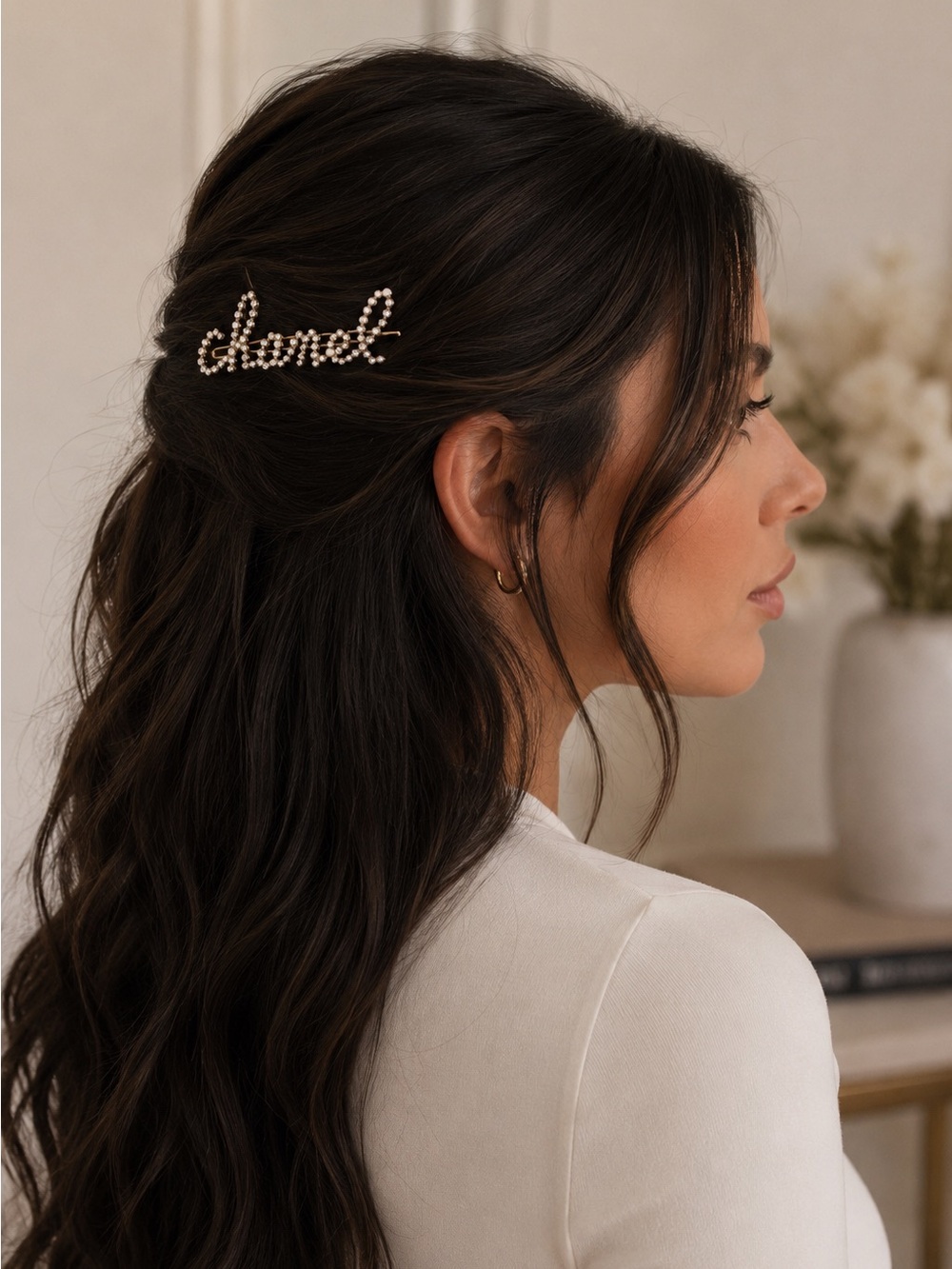 Chanel Metal Glass Swirling Pearls Hair Clip Gold